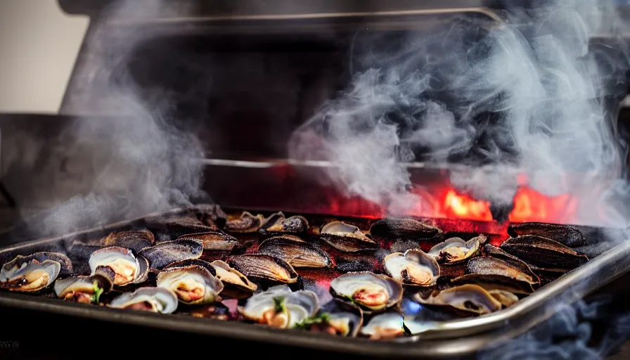 Image similar to a photo of smoke coming out of seymour's oven, next to a window, seymour's roast is ruined, steamed clams, color photography, high quality, volumetric light, beautiful, 4 k