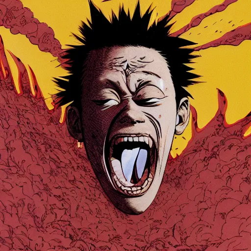 Image similar to full page illustration of tetsuo open mouth, showing a pill on his tongue, by Katsuhiro Otomo, 8k, hd, high resolution print