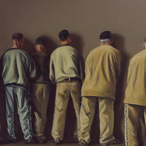 Prompt: hyperrealism painting of prisoners scheming to escape prison
