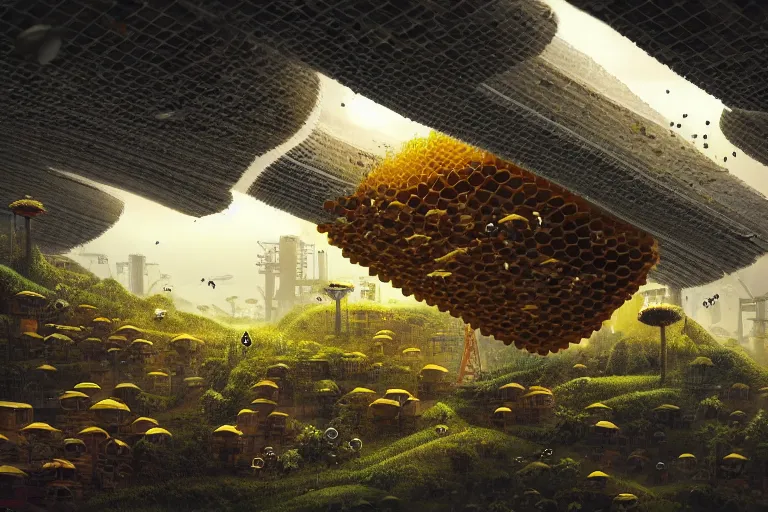 Prompt: simplicity, favela spaceship honeybee hive, fungal environment, industrial factory, cheerful, award winning art, epic dreamlike fantasy landscape, ultra realistic,