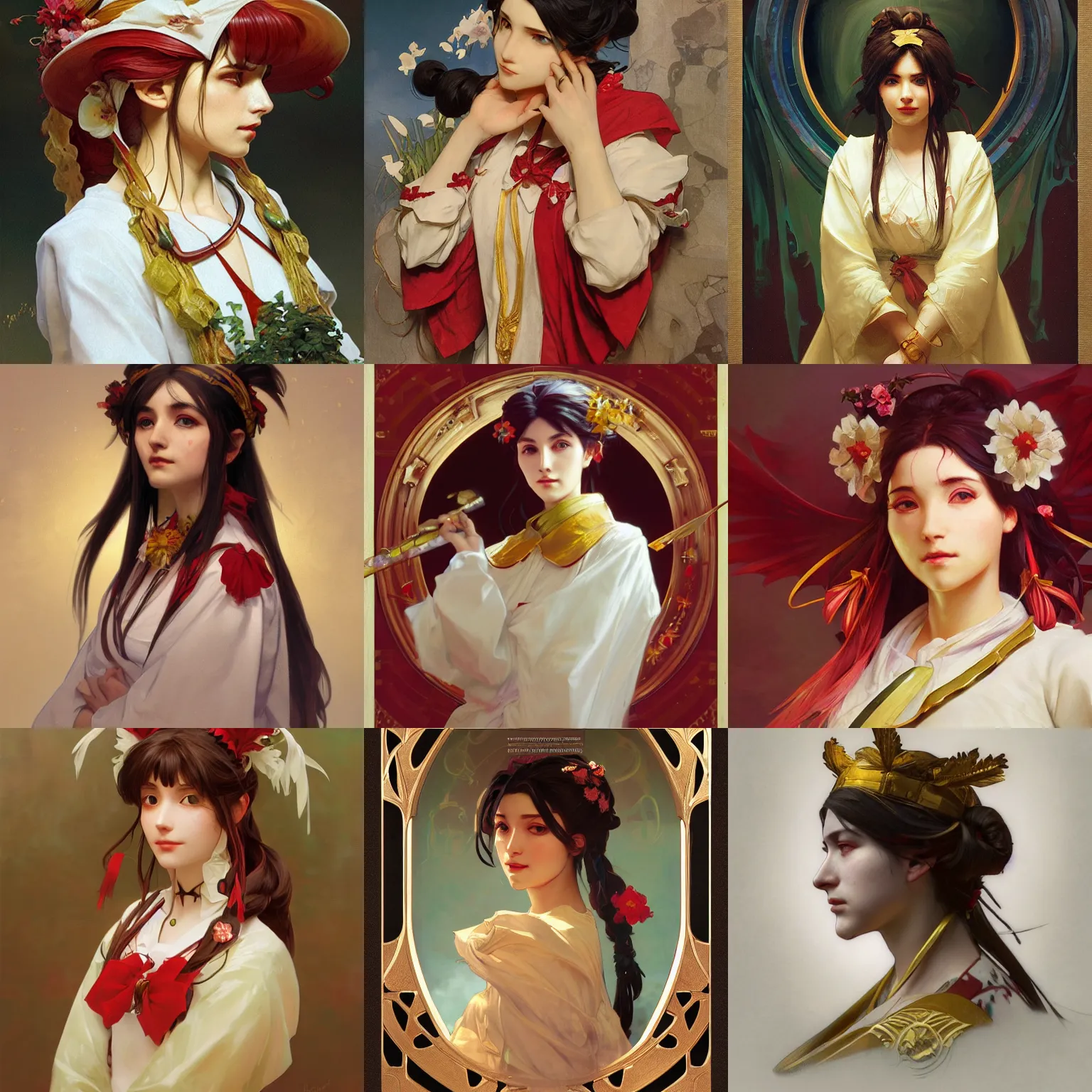 Prompt: a portrait painting of reimu hakurei, by greg rutkowski and alphonse mucha, marble, gold, unreal engine 5