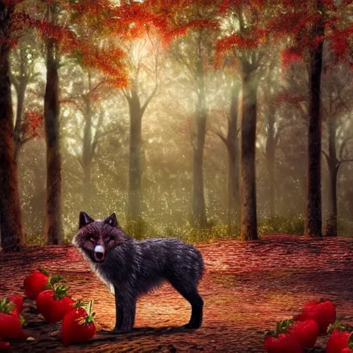 Image similar to a strawberry wolf roaming through the woods of a chocolate tree forest, photorealistic, cinematic