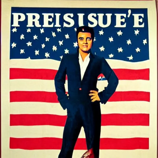 Image similar to campaign poster for elvis presley's presidential run, showing elvis in a suit standing in front of the american flag, detailed face