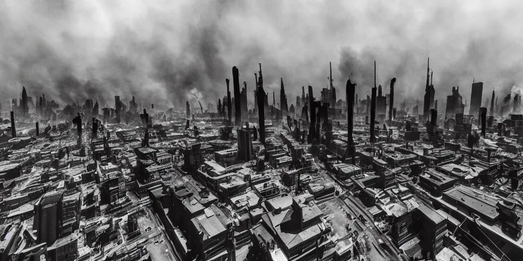 Prompt: dieselpunk city skyline ablaze, huge fires everywhere, everything burning, aerial view, wide shot, 120 black and white film