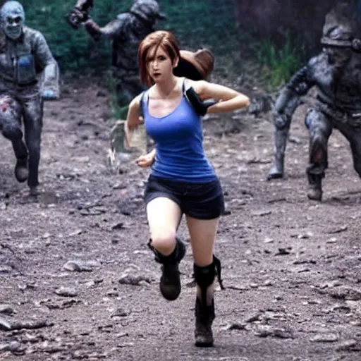 Prompt: Jill Valentine from Resident Evil running away from zombies.