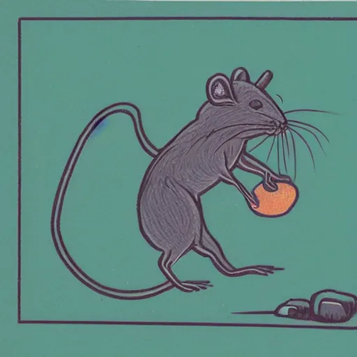 Image similar to a risograph of a rat trying to lift a rock