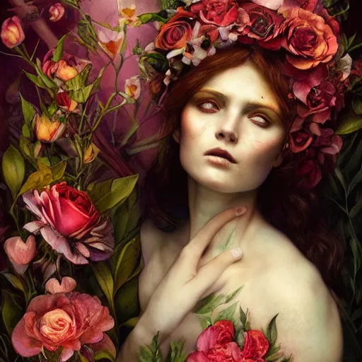 Image similar to flower queen, by annie swynnerton and tino rodriguez and tom bagshaw, dramatic lighting, floral tattoos, rich colors, smooth sharp focus, extremely detailed, adolf wolfli