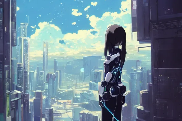 Prompt: makoto shinkai. robotic android girl. futuristic cyberpunk. dystopia. vibrant nebula sky.............................................................. anime girl.