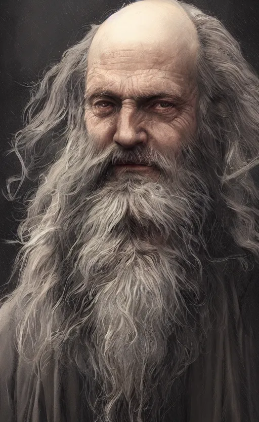 Prompt: Portrait of a middle aged wizard with a long beard and monacle, male, detailed face, fantasy, highly detailed, cinematic lighting, digital art painting by greg rutkowski