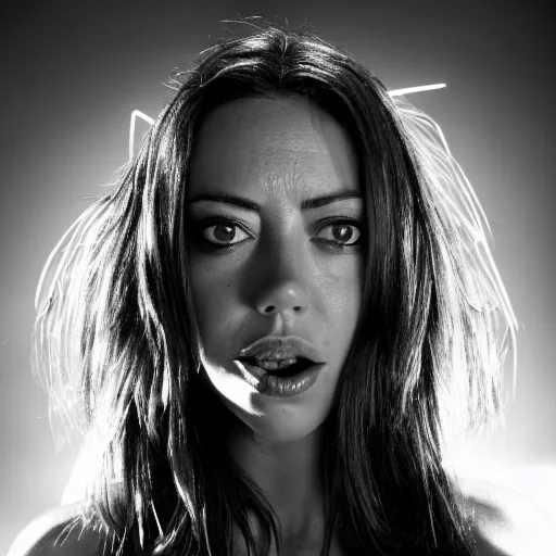 Prompt: aubrey plaza as witchblade by michael turner, studio lighting, depth of field, photography, black and white, highly detailed