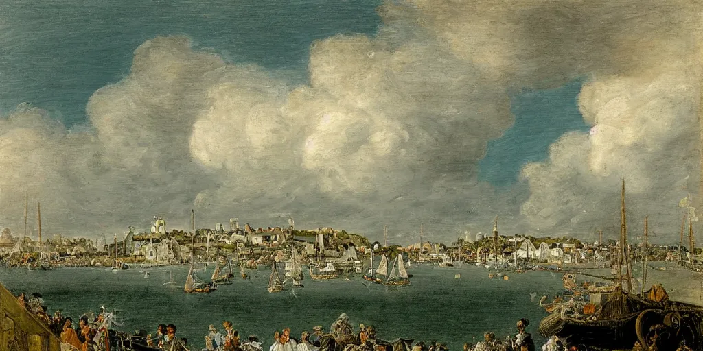 Prompt: a painting of the harbour at St Peter Port, Guernsey, small houses, boats, sea, stormy clouds, by François Boucher, by Antoine Watteau