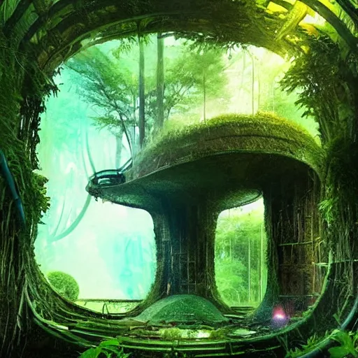 Image similar to stairs leading to a derelict portal in a middle of a lush futuristic forest, alien world seen through a portal, person in a cloak standing in front of a portal, daylight, cinematic lighting, syd mead, john harris