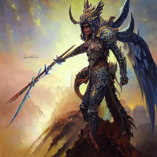 Prompt: beautiful realistic oil painting of raudha athif in angelic armor, high fantasy, dungeons and dragon artwrok, by john berkey, by peter mohrbacher