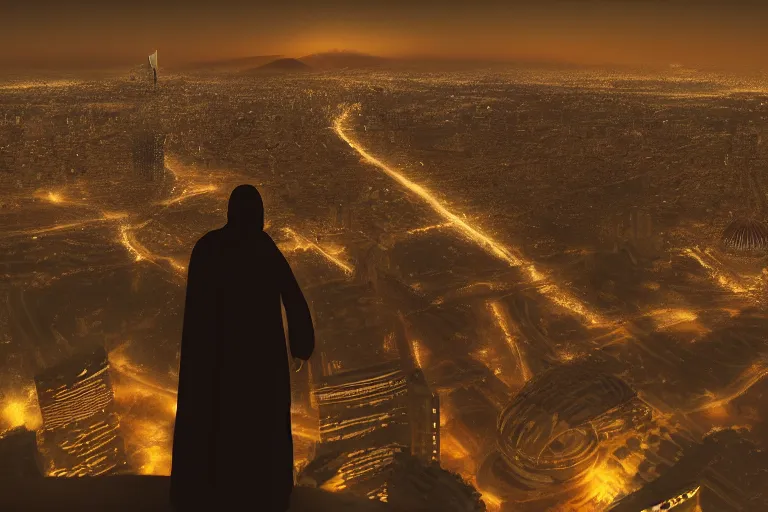 Image similar to arab man overlooking Riyadh city at night silhouette dramatic, dark, superhero, concept design, environment concept, artstation, digital art