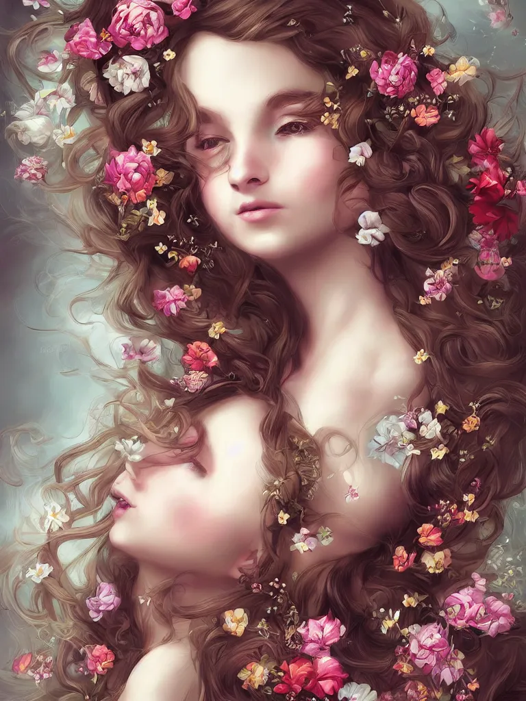 Image similar to beautiful girl digital art long hair with flowers baroque artgerm style