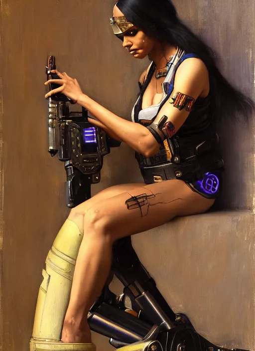 Image similar to Maria Igwe. Beautiful Feminist Cyberpunk mechanic with robotic legs. (Cyberpunk 2077, bladerunner 2049). Iranian orientalist portrait by john william waterhouse and Edwin Longsden Long and Theodore Ralli and Nasreddine Dinet, oil on canvas. Cinematic, vivid colors, hyper realism, realistic proportions, dramatic lighting, high detail 4k