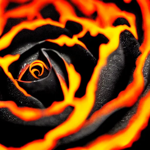 Image similar to award - winning macro of a beautiful black rose made of glowing molten magma