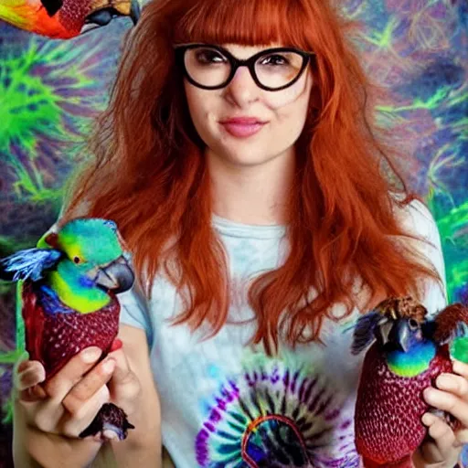 Prompt: a stunning hyper-detailed portrait photo of a beautiful bespectacled woman with long auburn hair and bangs, wearing a tie-dye t-shirt, wearing futuristic headphones and posing with her raccoons and parrots in an overstuffed easy chair in her sunlit living room, holding a coffee mug decorated with parrots, and holding a strawberry-glazed donut and smoking an elaborate hookah, perfect eyes, octane render, unreal engine, 85 mm lens,