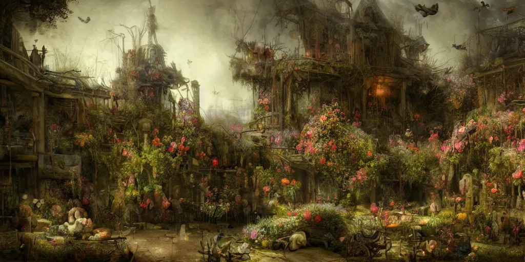 Prompt: 'Life from death' An aesthetic horror landscape painting depicting 'A slaughterhouse interior with plants and flowers growing all over it, birds and insects flying all around it' by Rembrandt, Trending on cgsociety artstation, 8k, masterpiece, cinematic lighting, highly detailed, vibrant colors.