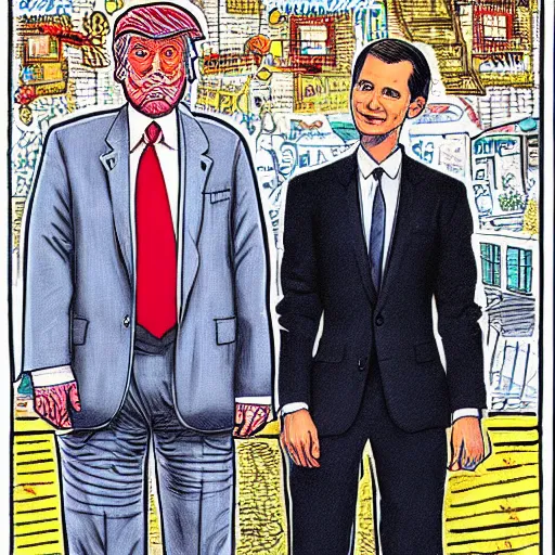 Image similar to !dream The Artwork of R. Crumb and his Cheap Suit Donald Trump and Jared Kushner, pencil and colored marker artwork, trailer-trash lifestyle