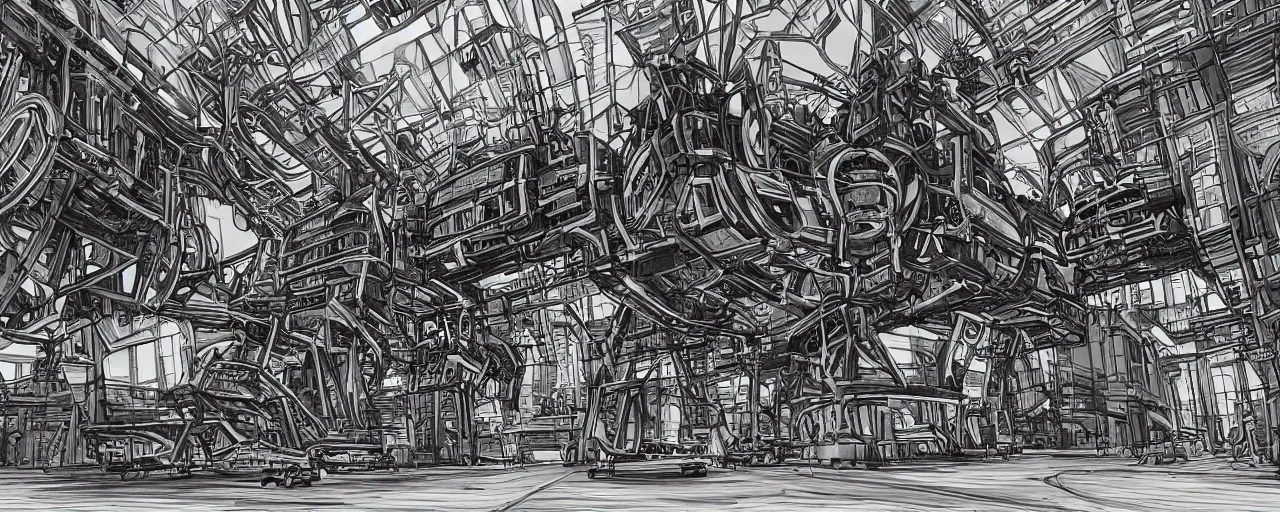 Image similar to huge mechanical arhitectures in the artstyle of bakaarts