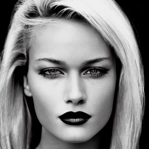 Prompt: black and white vogue closeup portrait by herb ritts of a beautiful female model, blonde, high contrast