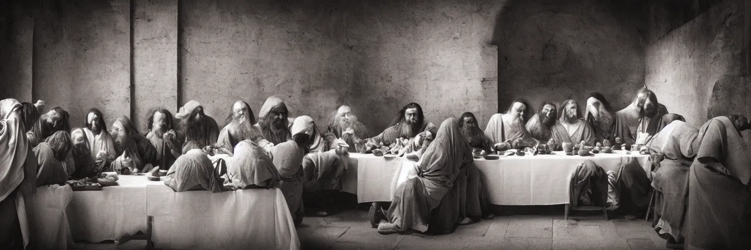 Image similar to Award Winning Editorial 84° wide-angle picture of a Tramps with bowed heads in a Soup Kitchen by David Bailey and daVinci, called 'The Last Supper', 85mm ND 5, perfect lighting, gelatin silver process