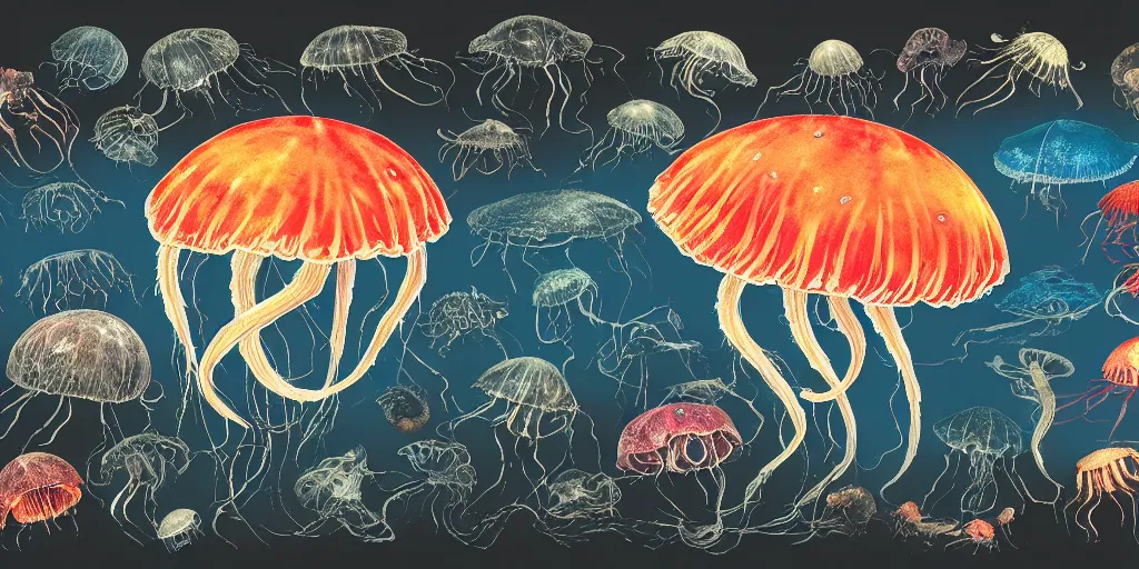 Image similar to full color page scan of various vintage jelly fish illustrations on black background, in matte painting, 2 d, kitbash, 4 k