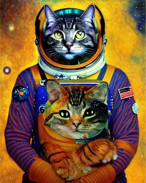 Image similar to space cosmonaut cat portrait an oil painting splashes with many colors and shapes by gustav klimt greg rutkowski and alphonse mucha, polycount, generative art, psychedelic, fractalism, glitch art