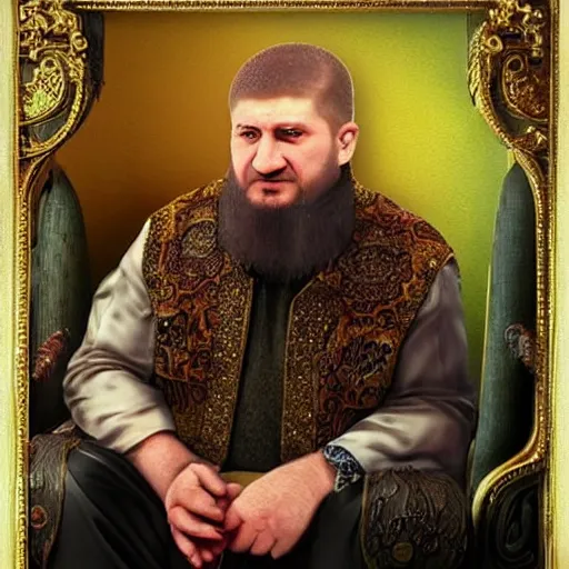 Image similar to ramzan kadyrov became bloody ugly puppet of putin, photo - realistic, color image, 2 k, highly detailed, bodyhorror, occult art