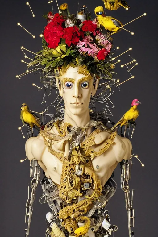 Prompt: full-body baroque and cyberpunk style sculpture of a young handsome Spanish prince half android with a chest opening exposing circuitry and electric sparks, glowing yellow laser eyes, crown of yellow roses, flowing teal-colored silk, fabric, flowers. baroque elements, human skull. full-length view. baroque element. intricate artwork by caravaggio. many many birds birds on background. Trending on artstation, octane render, cinematic lighting from the right, hyper realism, octane render, 8k, depth of field, 3D