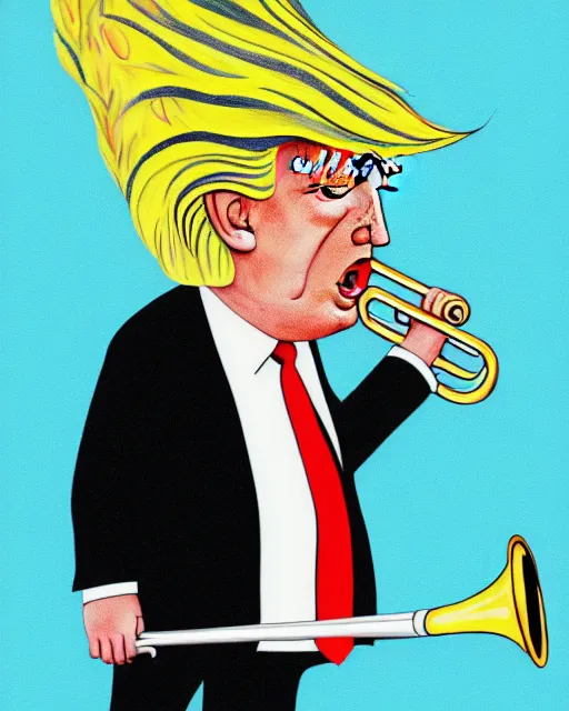 Image similar to painting portrait of trump with trumpet hair, cartoon, warm lighting, trump has hair as a trumpet, trumps hair is coming out as trumpet. movie poster, illustration by bartek fedyczak, erak note, tooth wu, neil richards, kan liu, siwoo kim, jisu choe, trending on art station