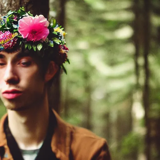Image similar to close up kodak portra 4 0 0 photograph of a skinny guy standing in a dark forest, flower crown, flower covering mouth, moody lighting, telephoto, 9 0 s vibe, blurry background, vaporwave colors, faded!,