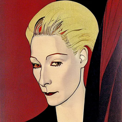 Image similar to a portrait by coles phillips of the stunningly beautiful actree, tilda swinton, mucha, kandinsky, art deco, decadence,