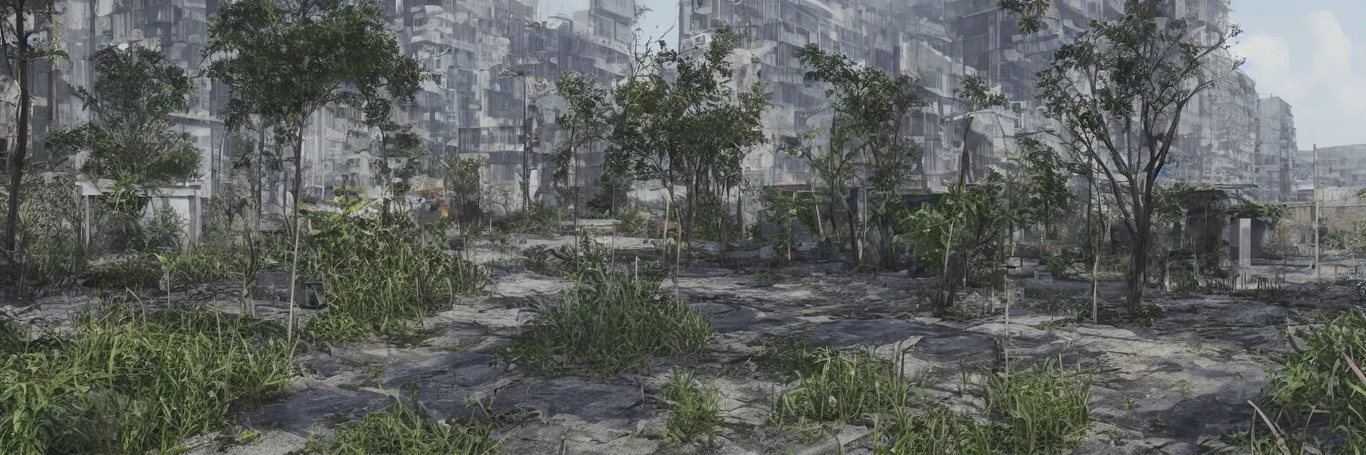 Image similar to “overgrown concrete abandoned city landscape, plants growing on buildings, unreal engine 5, raytracing, 8k”