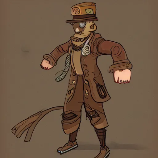 Prompt: character design concept art of the main character of a platformer game, located in a magical forest with steampunk machines abandoned. The main character is humanoid and uses a rope to move around. digital drawing, procreate, Low saturation, brown tones