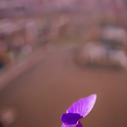 Image similar to closeup photo of lone purple petal flying above a city, aerial view, shallow depth of field, cinematic, 8 0 mm, f 1. 8