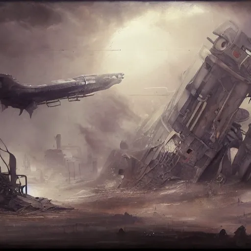 Image similar to a brutalist painting of a large steampunk airship on the ground destroyed, by charlie bowater, 4 k