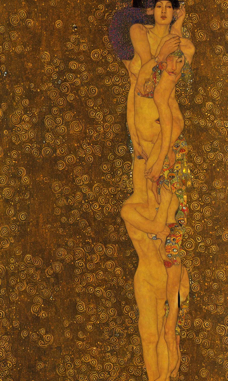 Image similar to a human figure in state of bliss and enlightenment, fireworks, intense sunshine, in the style of Gustav Klimt and H. R. Giger, 8k, extremely detailed, Trending on artstation, golden color scheme