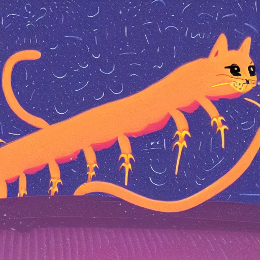 Prompt: a cat bus with hundreds of legs like a centipede, cinematic lighting, deep color, very furry with flowy hair, dynamic pose, at night, neon glowing lights