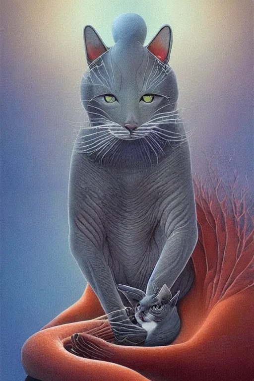 Image similar to painting of hybrid between cat!!! & dolphin, intercrossed animal, mixture animal, by tiffany bozic, by zdzislaw beksinski, organic, nature study, accurate anatomy, cold hue's, warm tone gradient background, concept art, beautiful composition, digital painting,