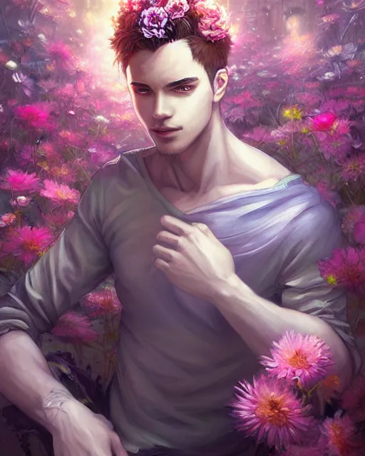 Image similar to a painting of a beautiful man surrounded by flowers, an ultrafine detailed painting by ross tran, centered full body, featured on deviantart, fantasy art, detailed painting, deviantart, anime