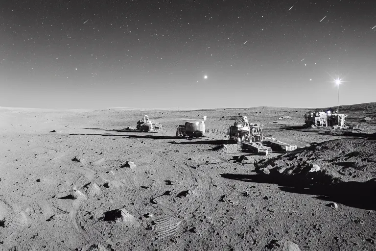 Image similar to a landscape photograph of a mining operation on the moon. plumes of dust are visible against the starry sky. stark contrast, vivid, award winning photography