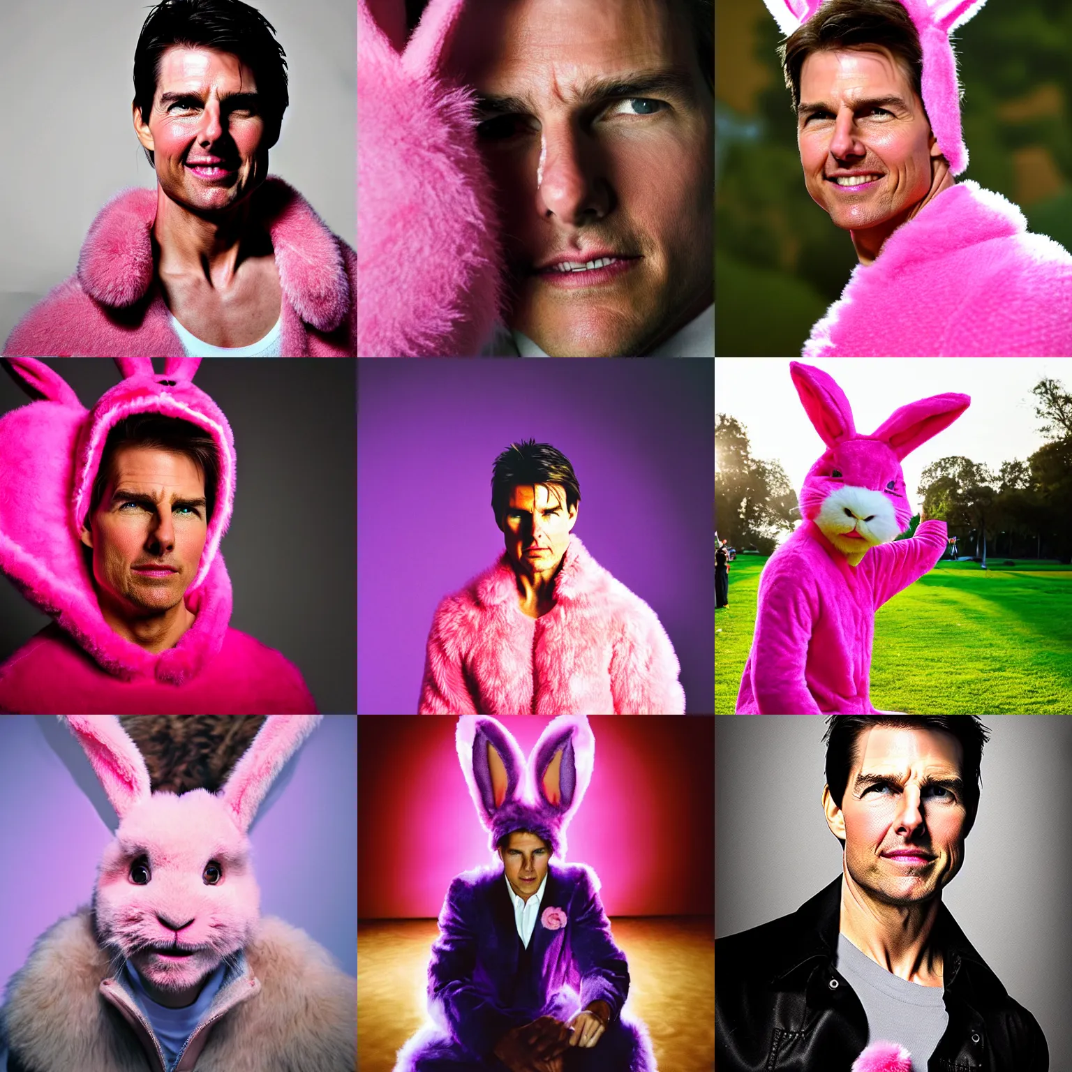 Prompt: Tom Cruise, wearing a pink rabbit costume, portrait photograph, dramatic lighting