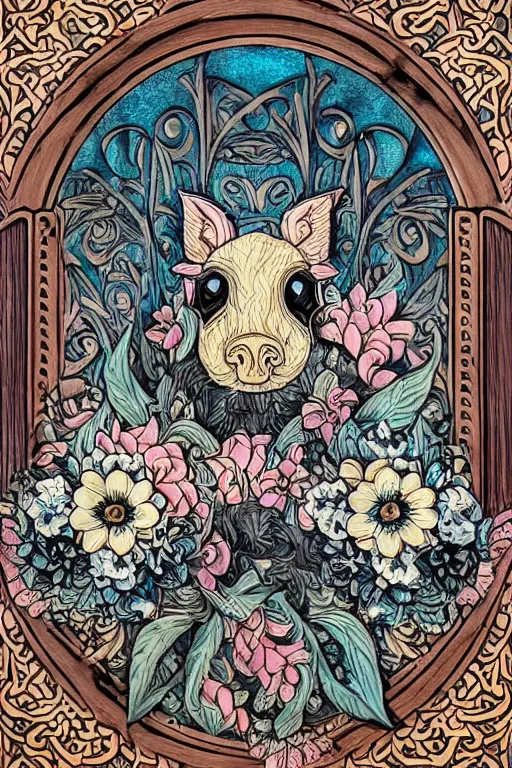 Image similar to Painted dark-wood panel relief carving of a close up of a Flowerpunk Piglet, White and pale blue toned, ornate border frame, explosion of colorful flowers, dark wood, intricately carved, black ink, festival of rich colors, intricate details, cinematic lighting, volumetric lighting, post-processing, art nouveau, tarot, fractal art, mandala, by andreas rocha and john howe, and Martin Johnson Heade, featured on artstation, featured on behance, golden ratio, hyper detailed, photorealistic, epic composition, center spotlight, f32, well composed, symmetrical, UE5, 8k