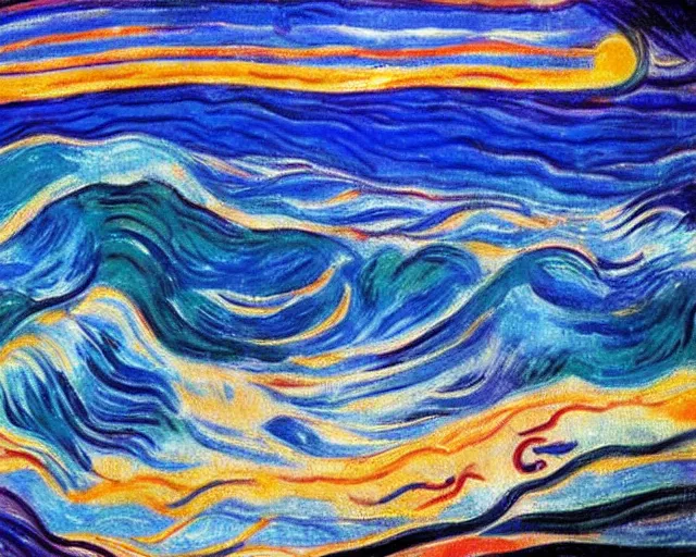 Image similar to Ocean waves in a psychedelic dream world. DMT. Landscape painting by Edvard Munch.