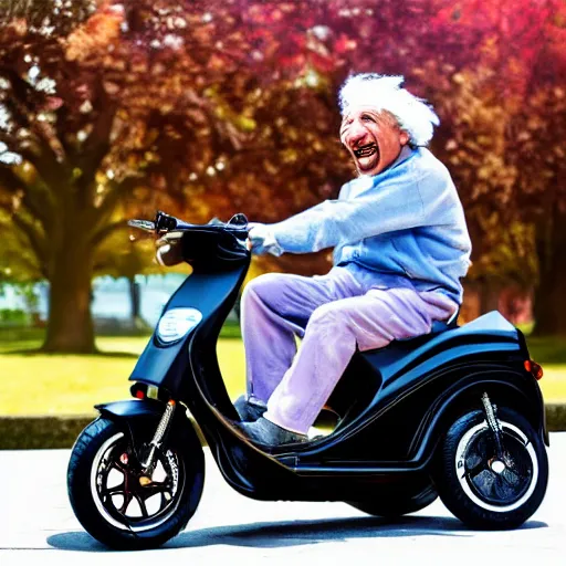 Prompt: Albert Einstein rides an electric scooter with his tongue out, moody, beautiful composition, hyper detailed, insane details , 8K