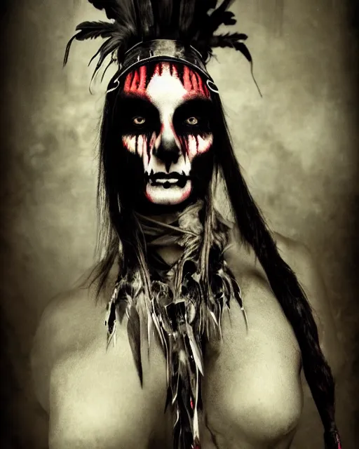 Image similar to lady native sisters ghost - spirit of the grim - warpaint wears the scarlet skull armor and native blood headdress feathers, midnight fog - mist!, dark oil painting colors, realism, cinematic lighting, various refining methods, micro macro autofocus, ultra definition, award winning photo, photograph by ghostwave - gammell - giger - shadowlord