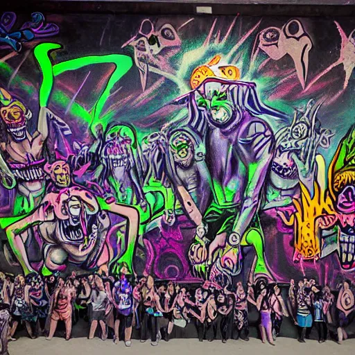 Image similar to mural of demons in rave party in hell by Chor Boogie