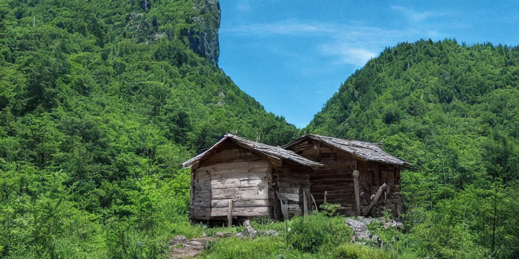 Prompt: a mountain landscape, in summer, with a hut surrounded by woods, blue sky